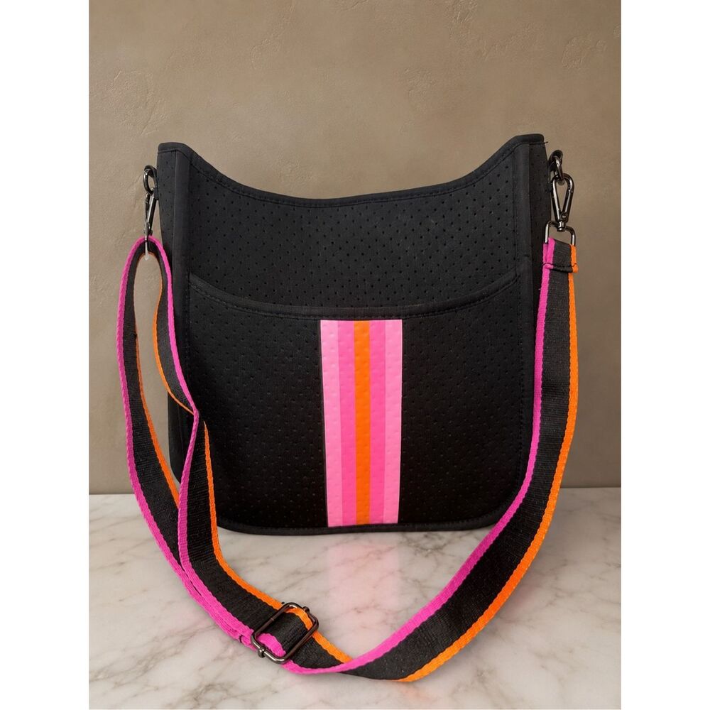 Neoprene Stripe Crossbody Messenger Bag Black Pink Orange Waterproof
